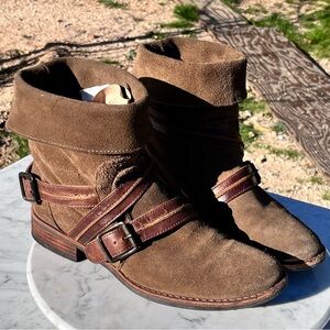 Matisse Brown Prospector Suede Ankle Cuff Boots, 7.5, Leather Buckle Straps